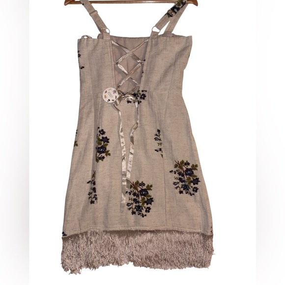 Eddy Knee Length Dress Beaded Fringe Ribbon Back Tie Up Linen Cotton Natural XS - Picture 3 of 12